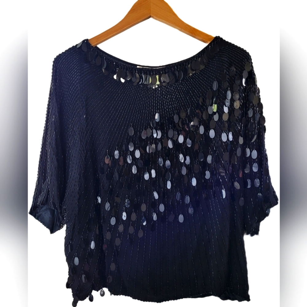 Elegant Black Silk Beaded Sequin Short Sleeves Blouse - Size XL - EUC